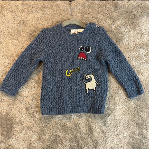 Zara Kids Baby Knitwear Blue Sweater 18-24 Months Toddler Boy Monster Applique - Picture 2 of 9